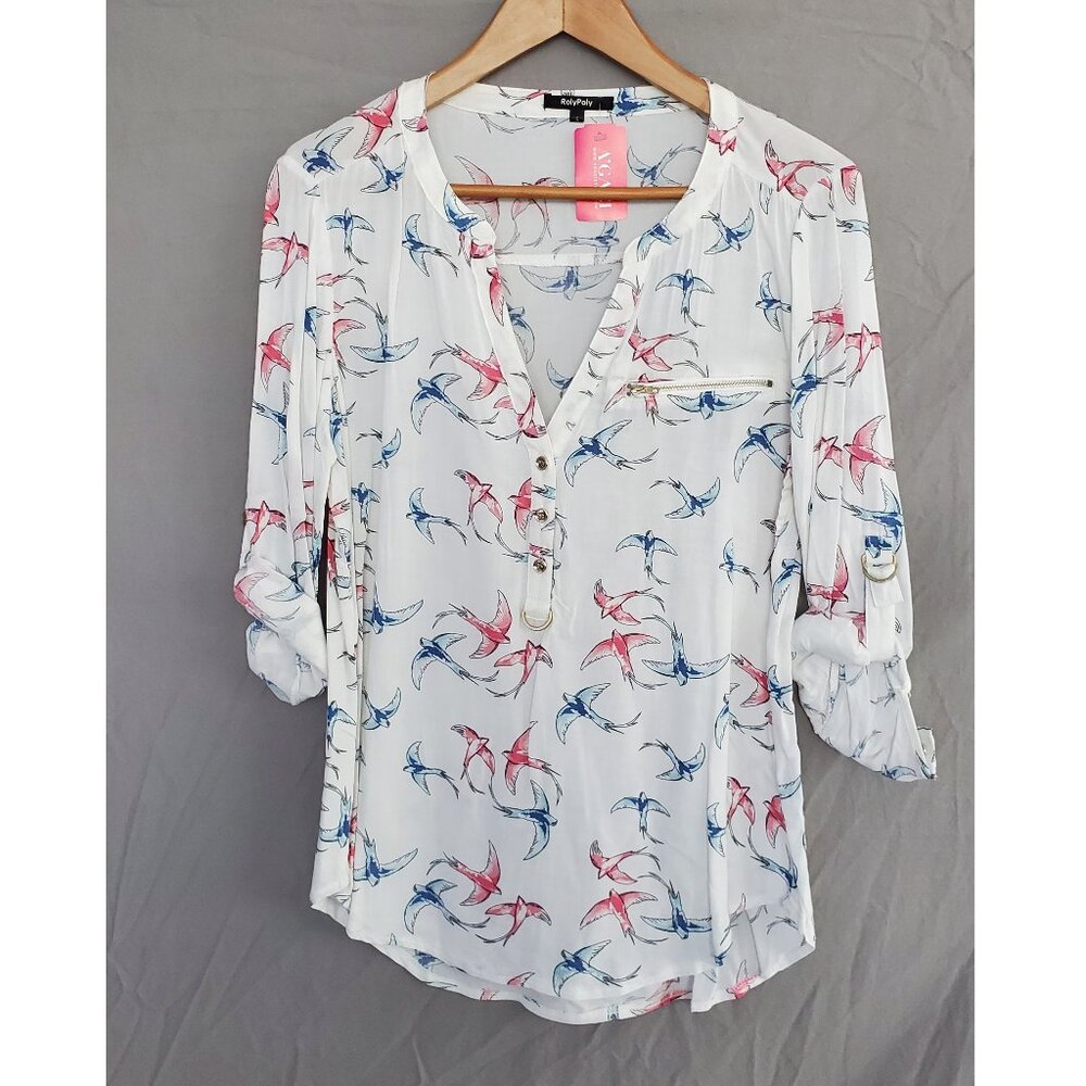 White Blouse with Blue and Pink Birds